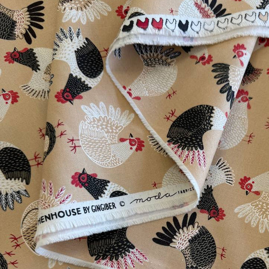 Gingiber Henhouse chicken print cotton fabric in hay beige with black white and red chickens