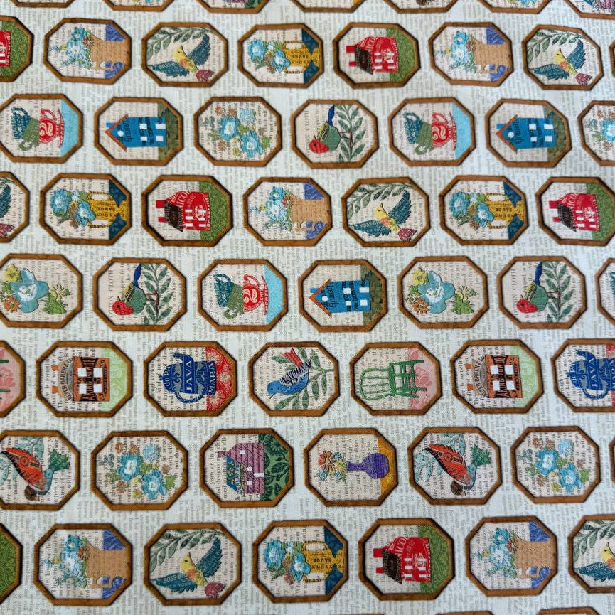 Paper Hamlet Moda cotton fabric vintage houses print beige background