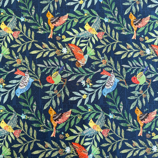 tropical birds cotton fabric navy background colorful leaves quilting fabric