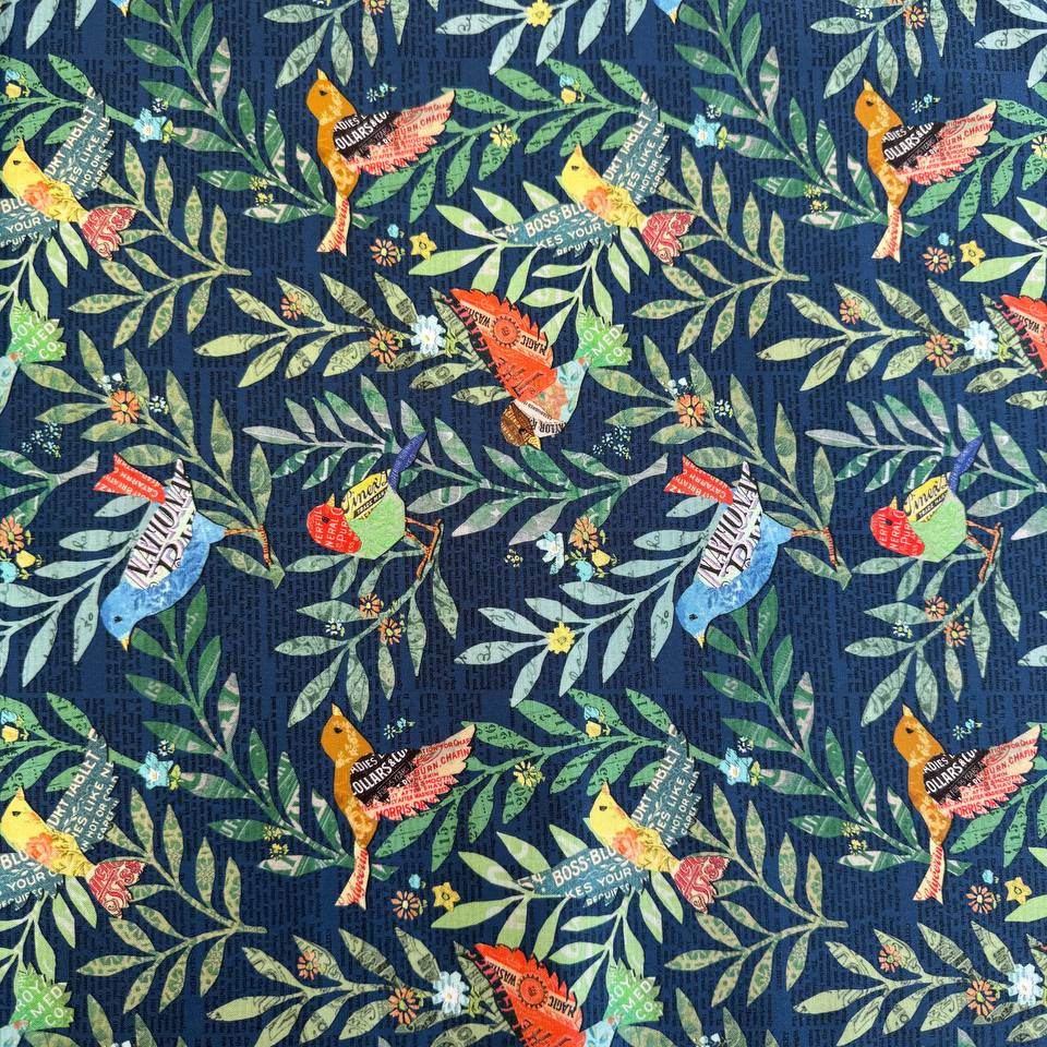 tropical birds cotton fabric navy background colorful leaves quilting fabric