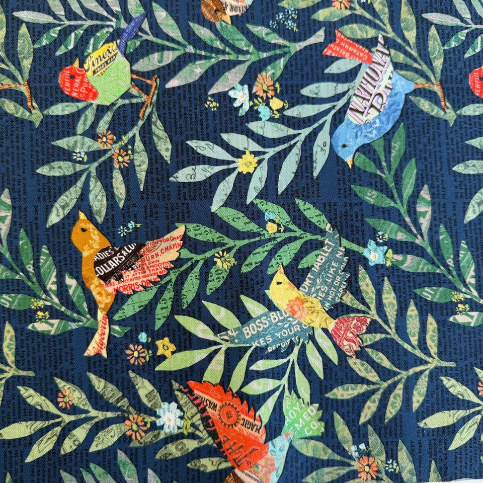 tropical birds cotton fabric navy background colorful leaves quilting fabric