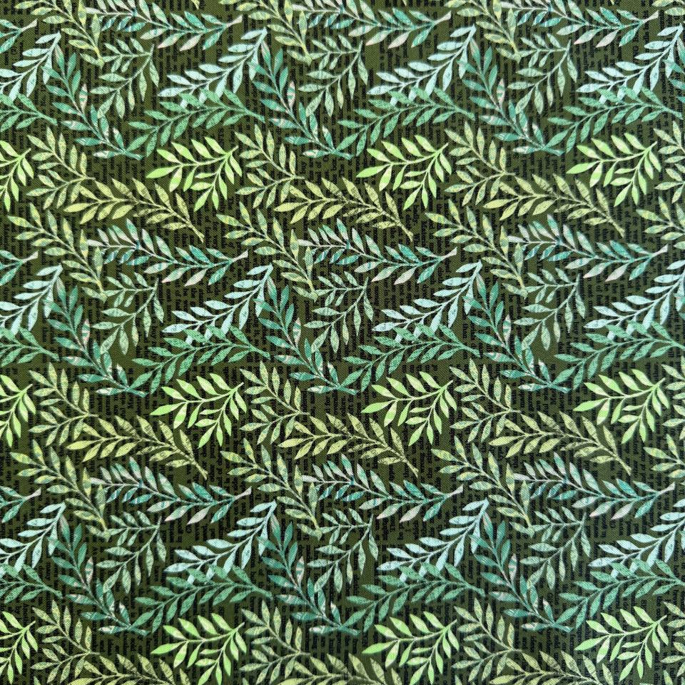 Moda Paper Hamlet Midnight leaf print cotton fabric with green botanical pattern on dark blue background