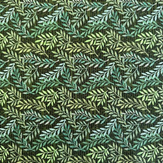 Moda Paper Hamlet Midnight leaf print cotton fabric with green botanical pattern on dark blue background
