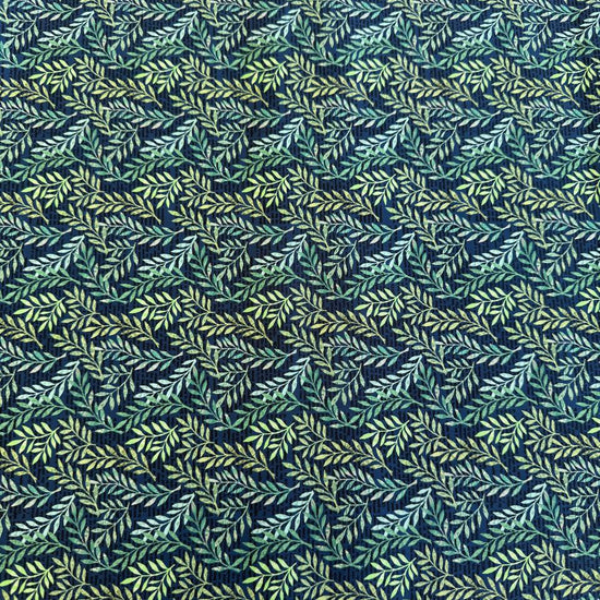 Moda Paper Hamlet Midnight leaf print cotton fabric with green botanical pattern on dark blue background