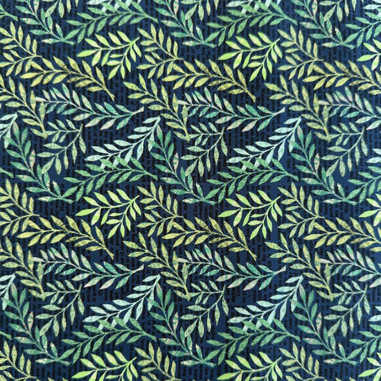 Moda Paper Hamlet Midnight leaf print cotton fabric with green botanical pattern on dark blue background