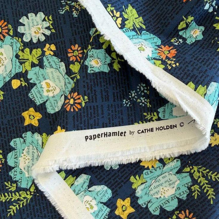 Paper Hamlet Midnight floral cotton fabric by Moda with vintage flowers on navy background