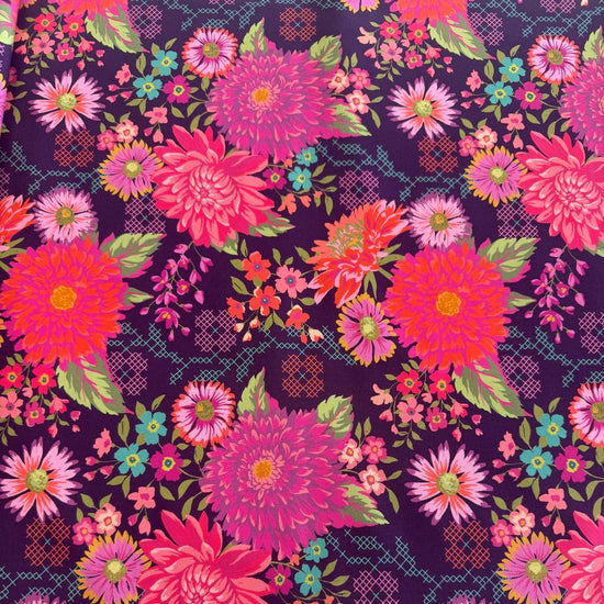 Parlor floral cotton fabric by Crystal Manning for Moda in cream and plum colorways