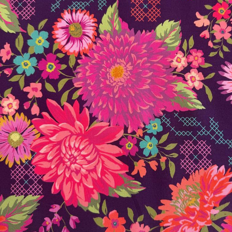 Parlor floral cotton fabric by Crystal Manning for Moda in cream and plum colorways