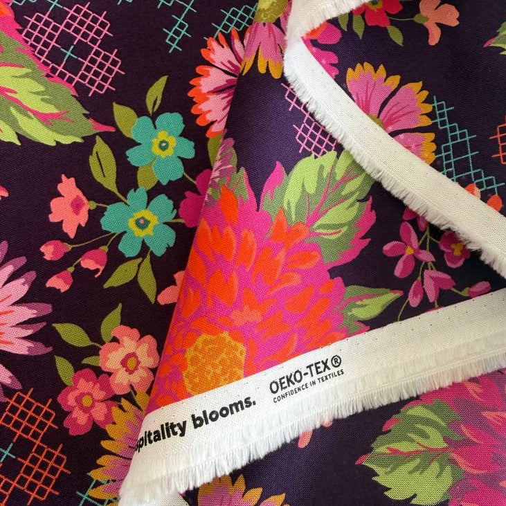 Parlor floral cotton fabric by Crystal Manning for Moda in cream and plum colorways