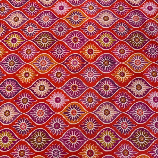 Bright mandarin floral quilting cotton fabric with pink and plum flowers geometric pattern by Moda