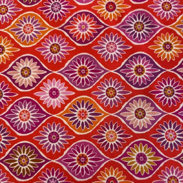 Bright mandarin floral quilting cotton fabric with pink and plum flowers geometric pattern by Moda