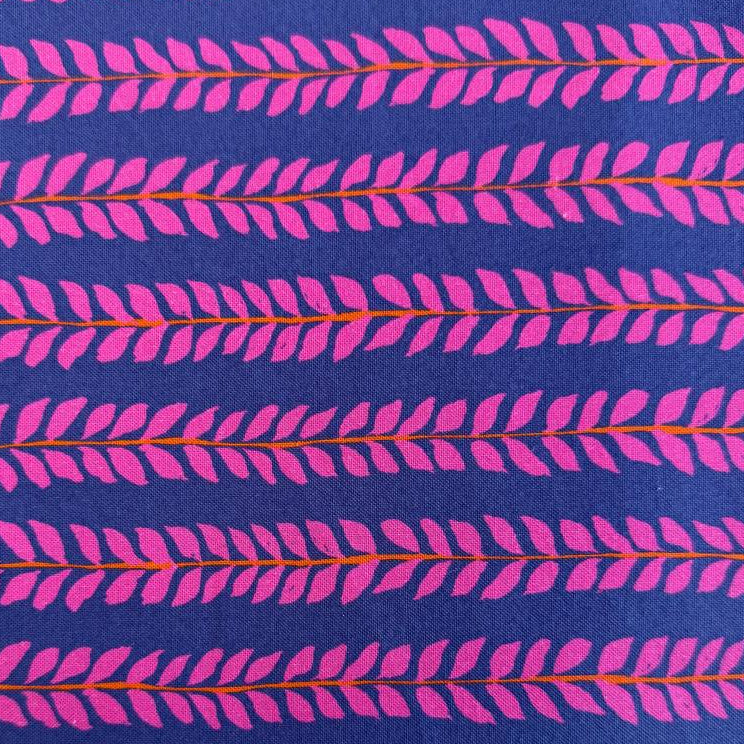 Navy cotton fabric with pink leaf pattern by Crystal Manning for Moda