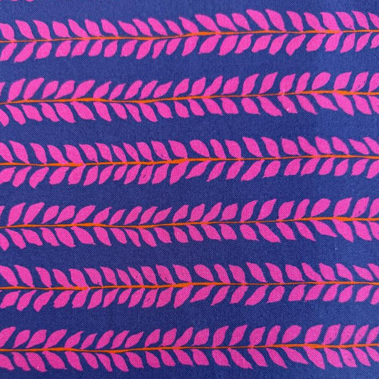 Navy cotton fabric with pink leaf pattern by Crystal Manning for Moda