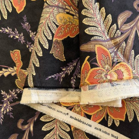 vintage floral cotton fabric wild orchid blackbird designs moda dark background