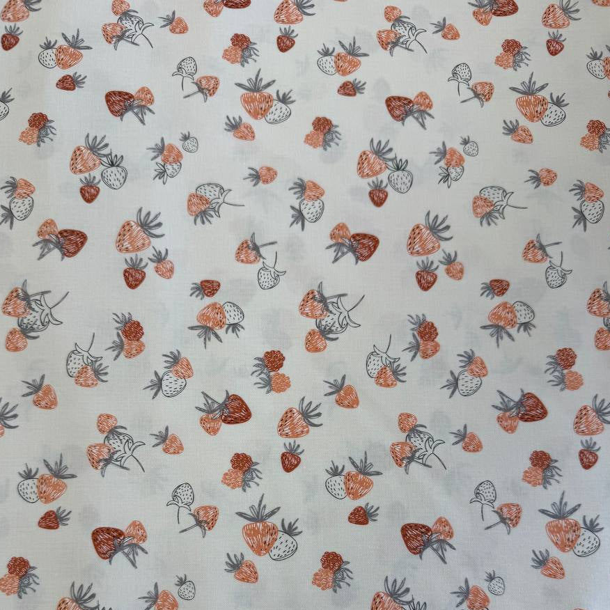 Strawberry print cotton fabric cream background Chirp collection by Elena Amo for Moda