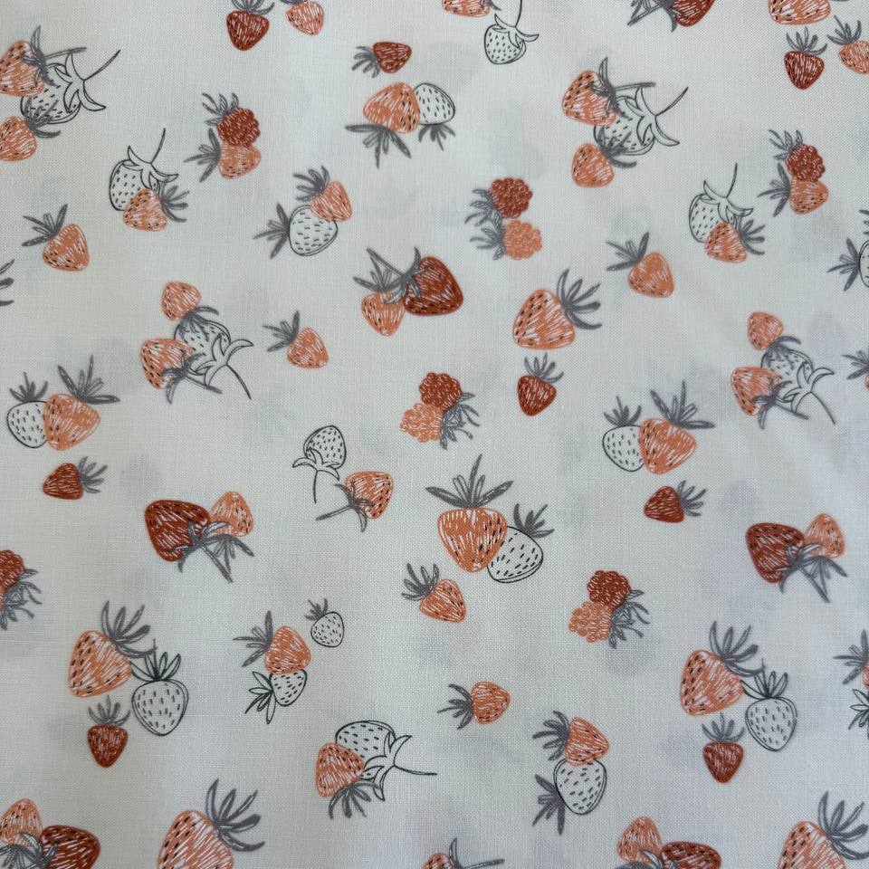 Strawberry print cotton fabric cream background Chirp collection by Elena Amo for Moda
