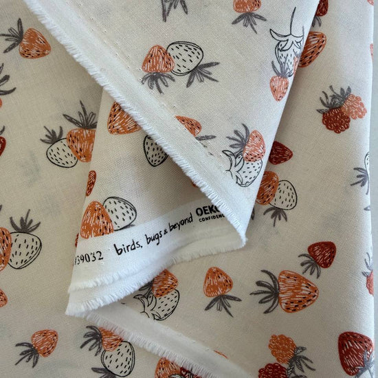 Strawberry print cotton fabric cream background Chirp collection by Elena Amo for Moda