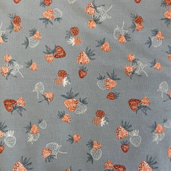 Strawberry print cotton fabric blue background Chirp collection by Elena Amo for Moda