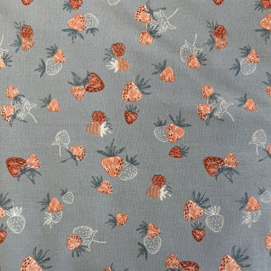 Strawberry print cotton fabric blue background Chirp collection by Elena Amo for Moda