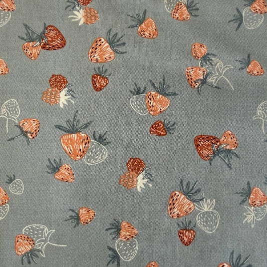 Strawberry print cotton fabric blue background Chirp collection by Elena Amo for Moda