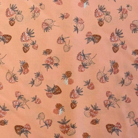 Strawberry print cotton fabric peach background Chirp collection by Elena Amo for Moda