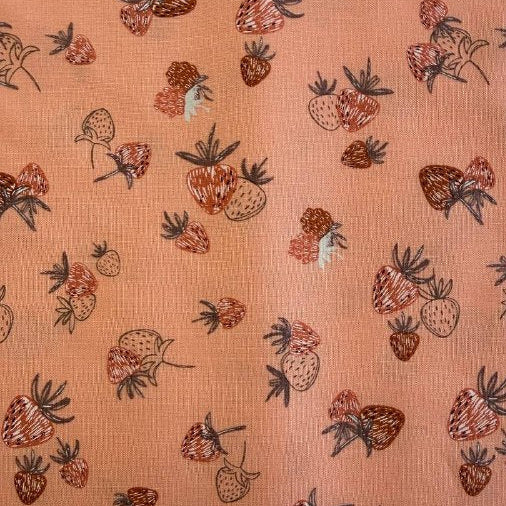 Strawberry print cotton fabric peach background Chirp collection by Elena Amo for Moda