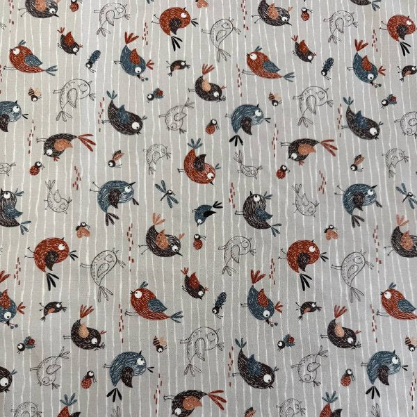 Chirp birds fabric dove grey background with cute birds quilting cotton