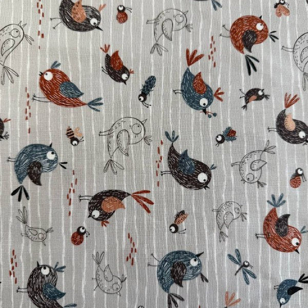 Chirp birds fabric dove grey background with cute birds quilting cotton
