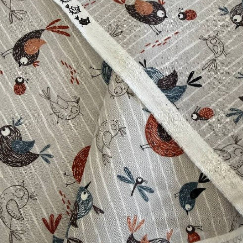 Chirp birds fabric dove grey background with cute birds quilting cotton