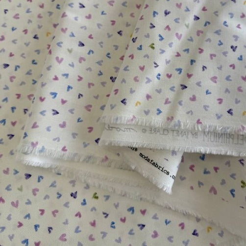 Delphinium Snowdrop cotton fabric with pastel hearts by Moda