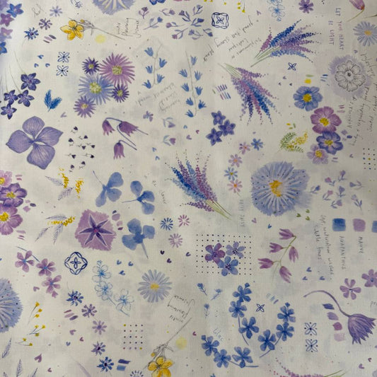 Delphinium Snowdrop floral cotton fabric by Jane Clare for Moda with soft purple and blue flowers on cream background