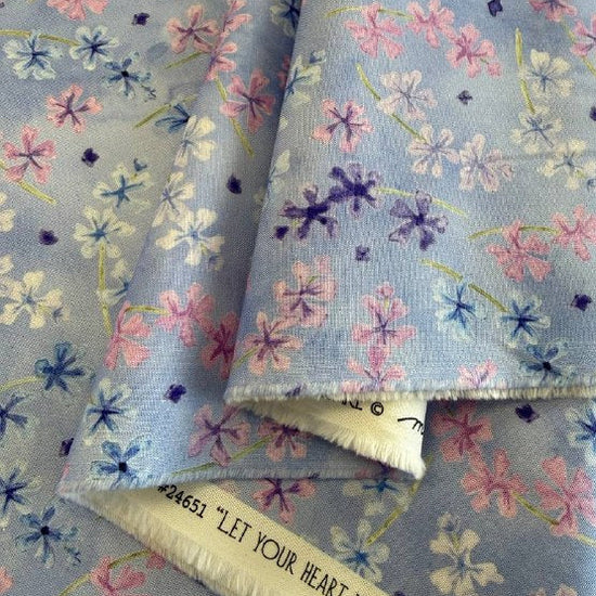 Delphinium Bluebell floral cotton fabric with pink and blue flowers on light blue background