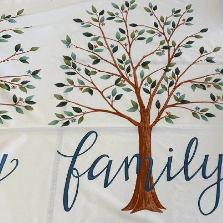 Light cream family tree fabric panel with birds and tree illustration