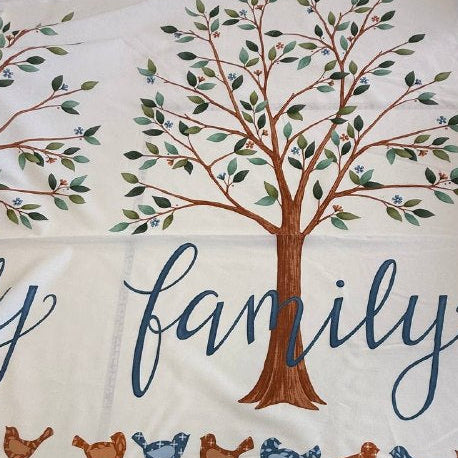 Light cream family tree fabric panel with birds and tree illustration