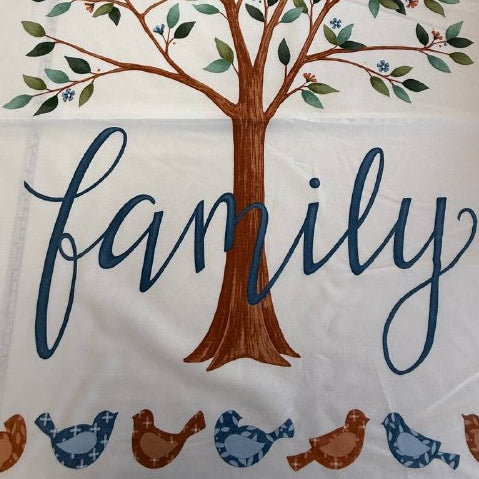 Light cream family tree fabric panel with birds and tree illustration