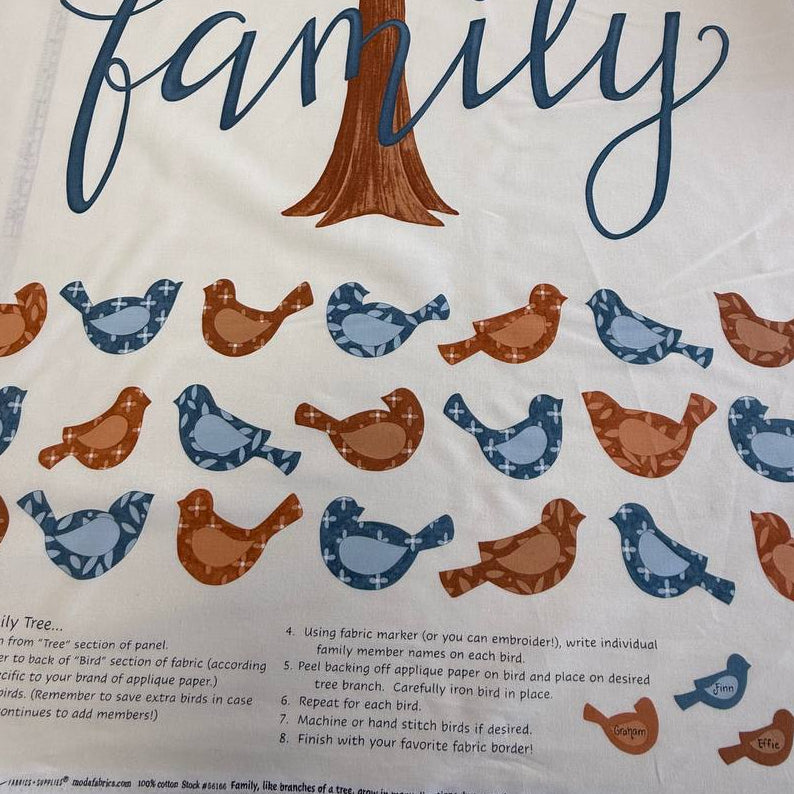 Light cream family tree fabric panel with birds and tree illustration