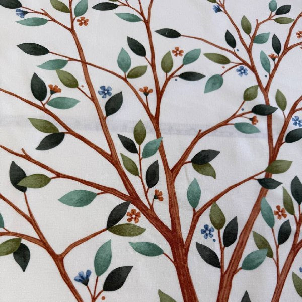 Light cream family tree fabric panel with birds and tree illustration
