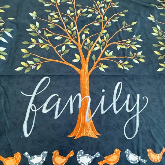 Dark navy family tree fabric panel with birds and tree illustration