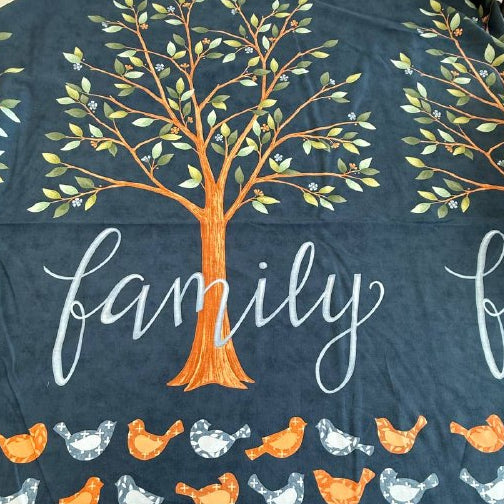 Dark navy family tree fabric panel with birds and tree illustration