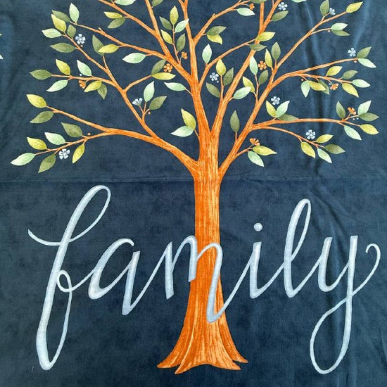Dark navy family tree fabric panel with birds and tree illustration