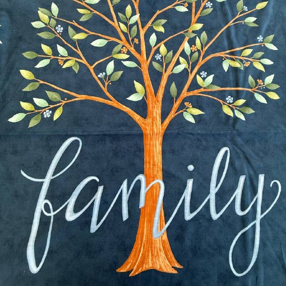 Dark navy family tree fabric panel with birds and tree illustration