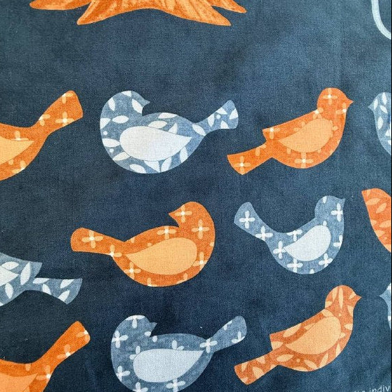 Dark navy family tree fabric panel with birds and tree illustration