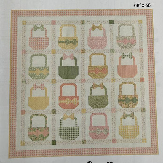 Baskets and Bows quilt pattern featuring pastel basket blocks with bows