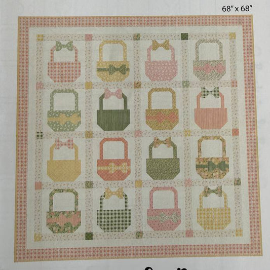 Baskets and Bows quilt pattern featuring pastel basket blocks with bows