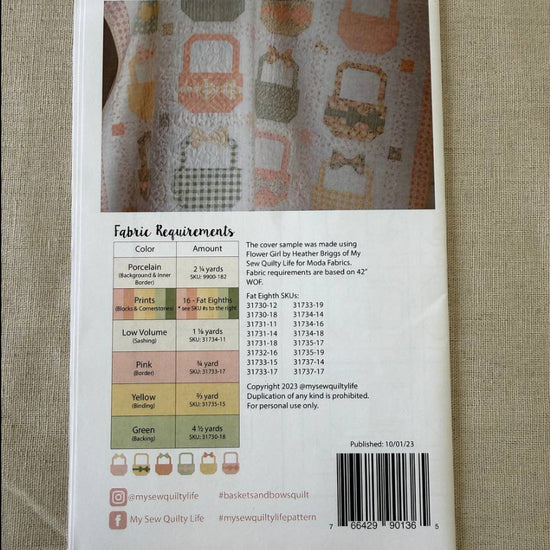 Baskets and Bows quilt pattern featuring pastel basket blocks with bows