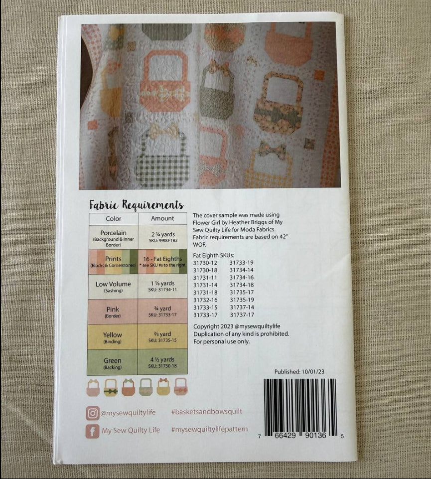 Baskets and Bows quilt pattern featuring pastel basket blocks with bows