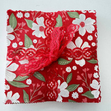 Love Blooms charm pack red floral quilting cotton squares with lace ribbon