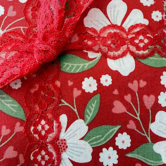 Love Blooms charm pack red floral quilting cotton squares with lace ribbon