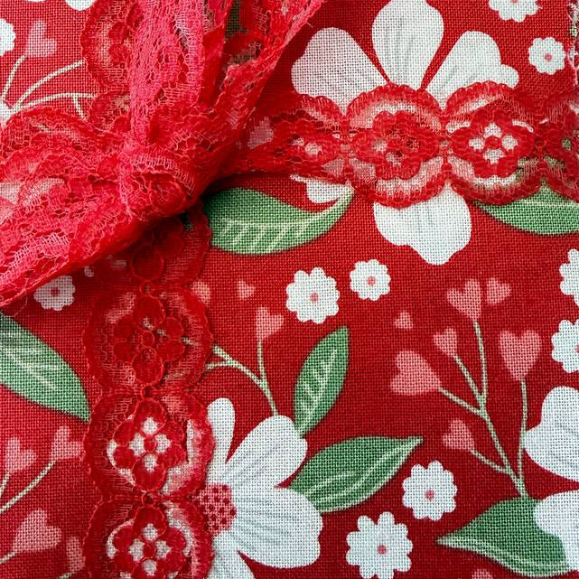 Love Blooms charm pack red floral quilting cotton squares with lace ribbon