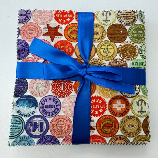 Curated In Color charm pack multicolor quilting cotton squares with vintage stamp prints

SEO Title